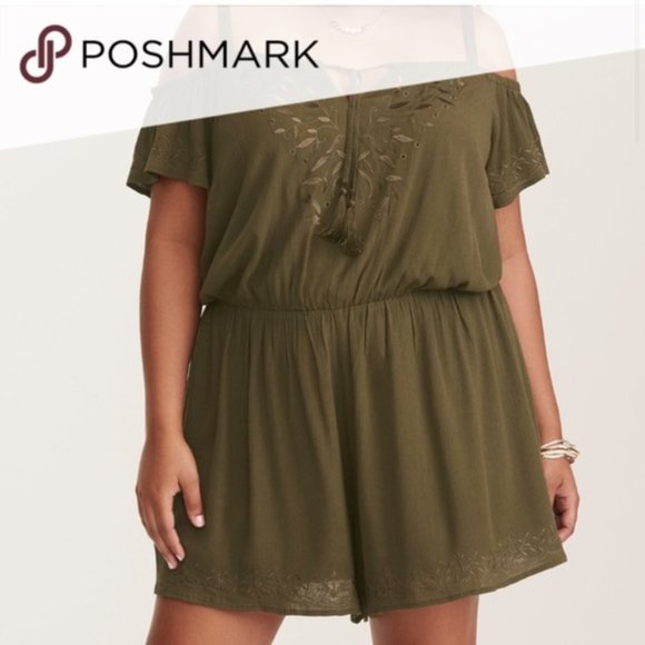 torrid Pants - ⭐️ NWT Torrid Olive Army Green Gauze Cold Shoulder Embroidered Romper Size: 5X